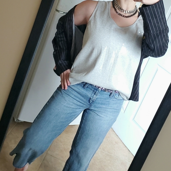 Chico's Zenergy Heather Grey Knit Clear Sequined Front Panel Sassy Tank Top - Picture 6 of 12